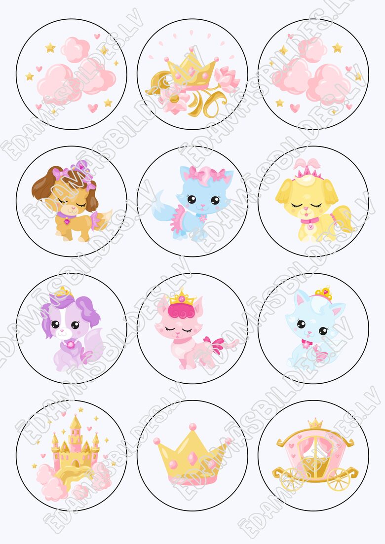 Cukura papīrs ar apdruku "Princess pets", kapkeiku aplīši 6 cm